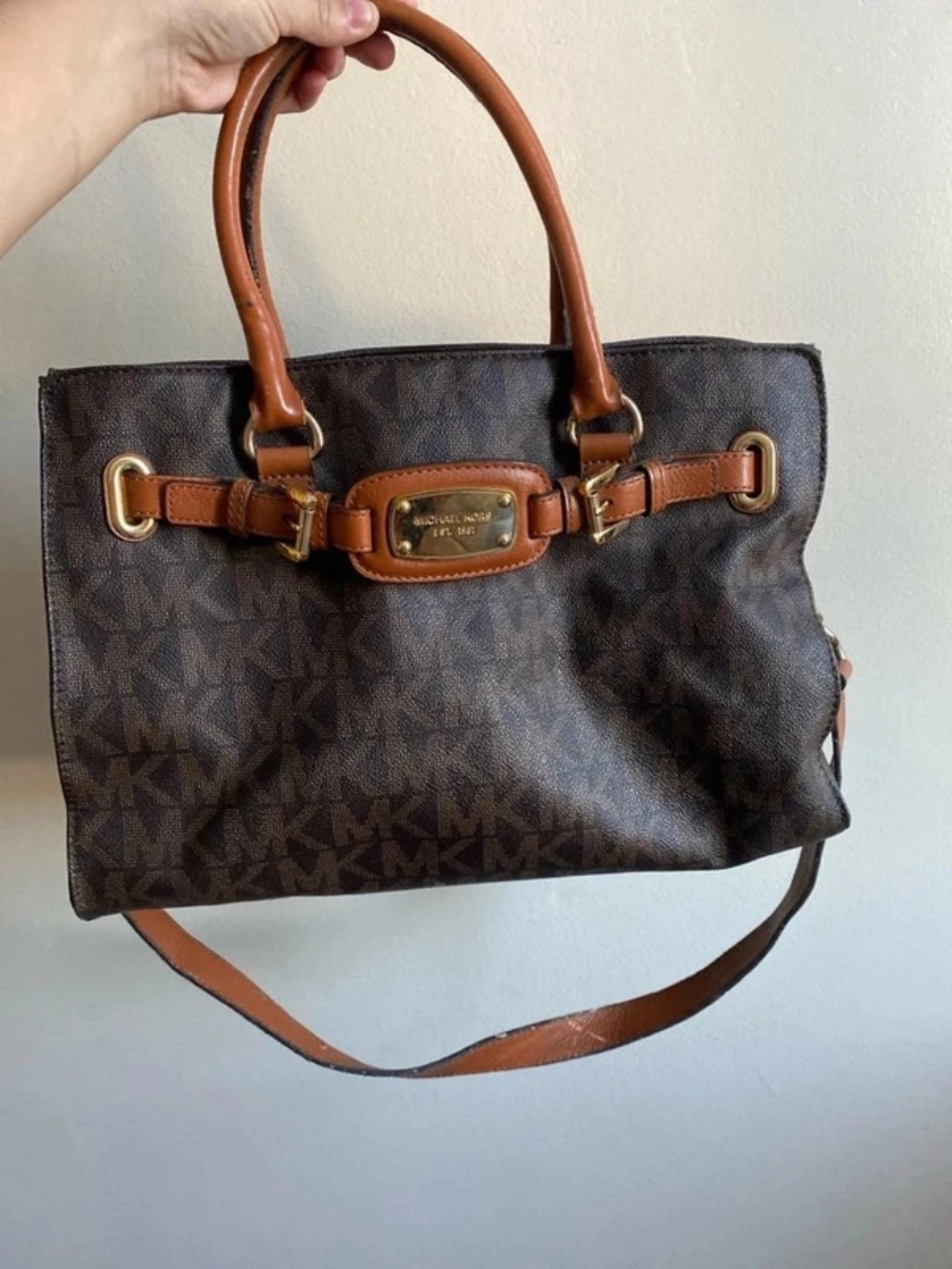 Michael Kors Brown MK Monogram Satchel with Tan Leather Trim